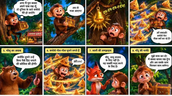 Ultra HD 3D cartoon animation scene in a magical Indian jungle at night. Montu, a cute br