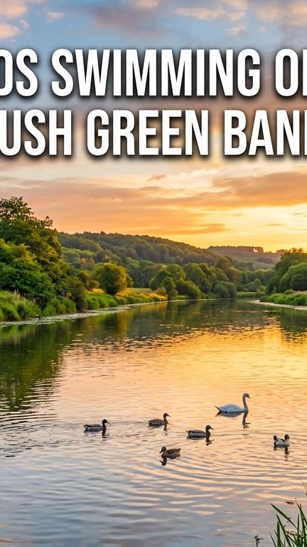 Serene River and Water Birds at Sunset with Lush Green Banks