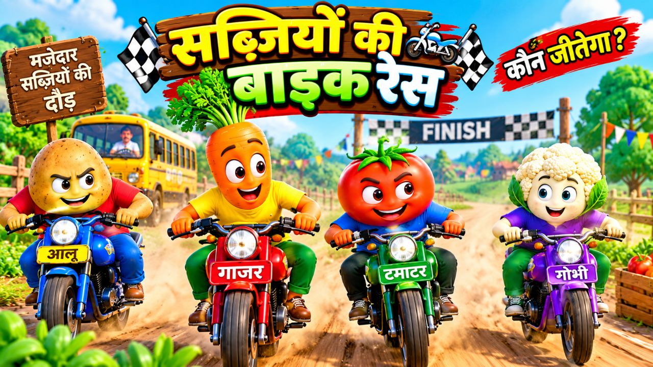 सब्ज़ियों की मज़ेदार बाइक रेस 🏍️😂 आलू vs गाजर vs टमाटर vs गोभी | Hindi Cartoon #Shorts