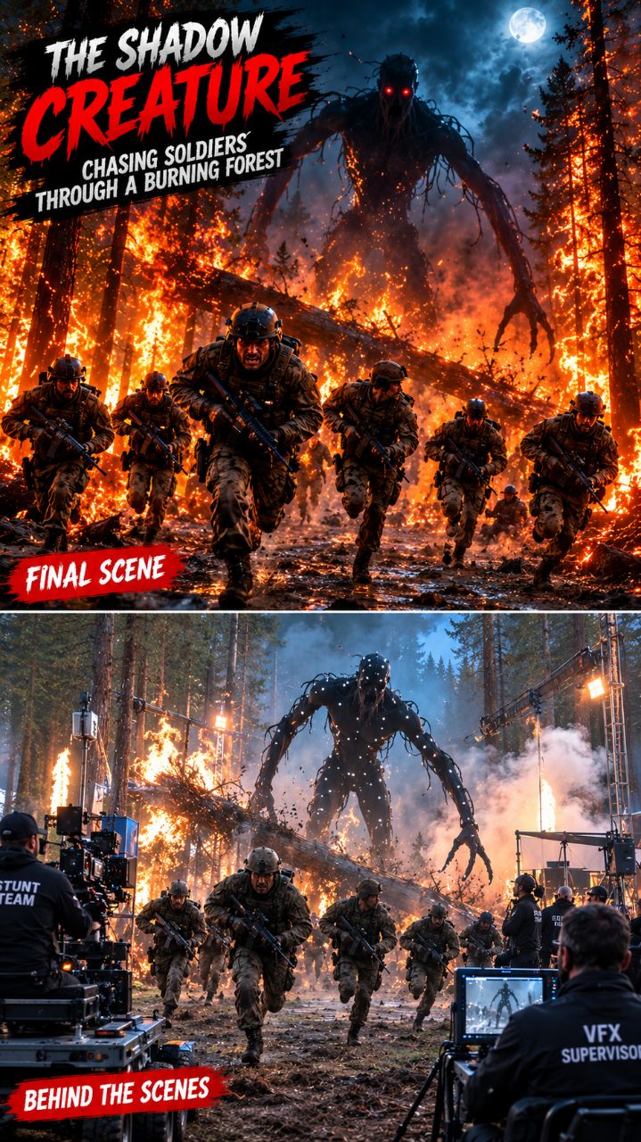 The Shadow Creature Chasing Soldiers Through a Burning Forest