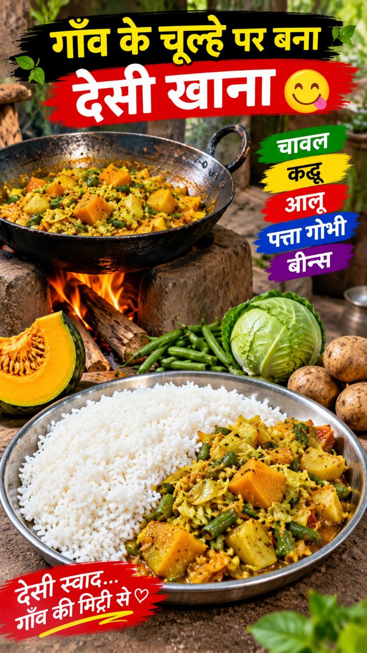 गाँव के चूल्हे पर  बना देसी खाना 😋🔥 | चावल, कद्दू, आलू और पत्ता गोभी की सब्जी #viral #desicooking