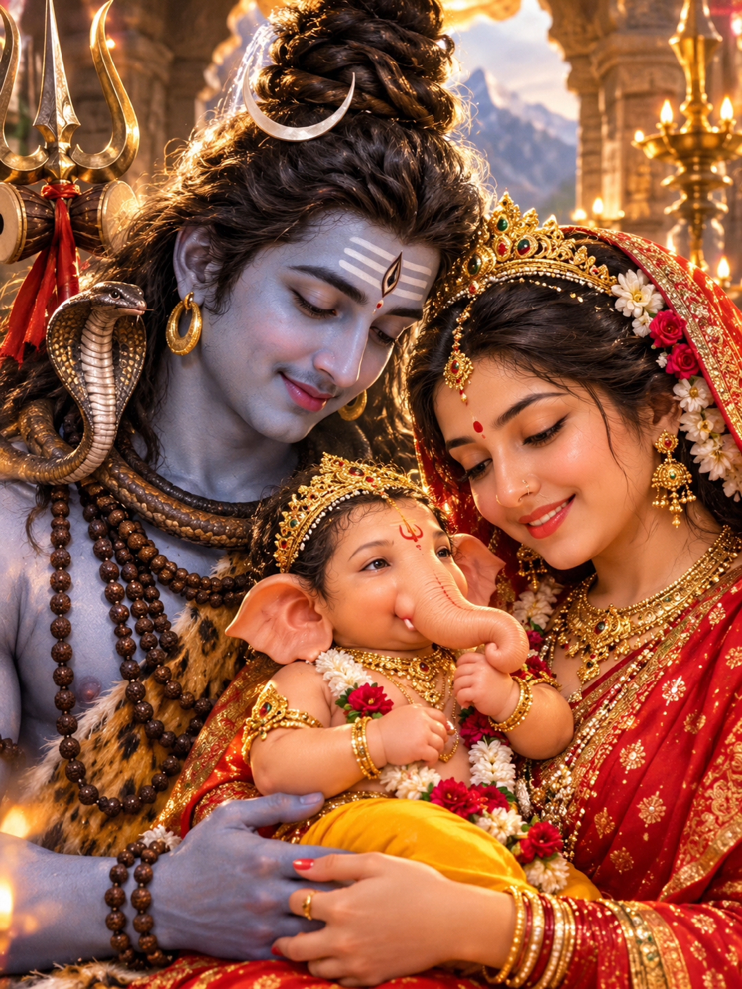 माता-पिता के साथ बाल गणेश जी का दिव्य रूप 🙏