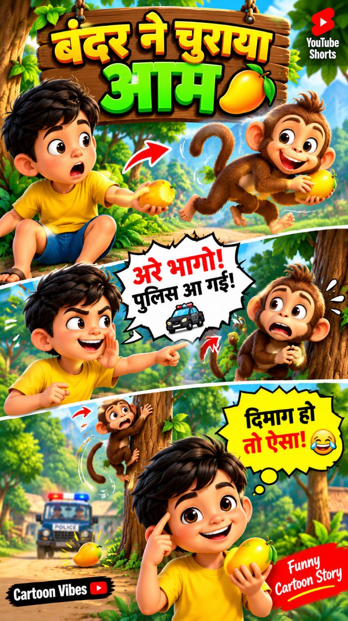 🎬 Title:
🐒 बंदर ने चुराया आम 😱 | लड़के ने लगाया गजब का दिमाग 😂 | Funny Cartoon Story