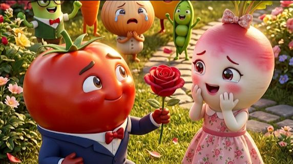 Tomato Proposes To Cute Radish With A Rose 🌹🍅