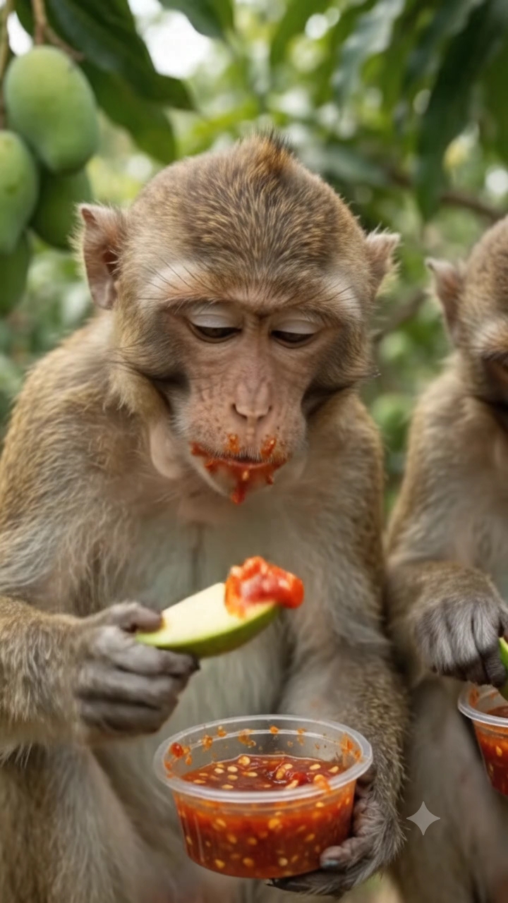 "का रे विराट कोहलीया के फैन, मुँह में पानी आ गया क्या? 😂 ले तू भी खा ले!" 🐒🥭🌶️