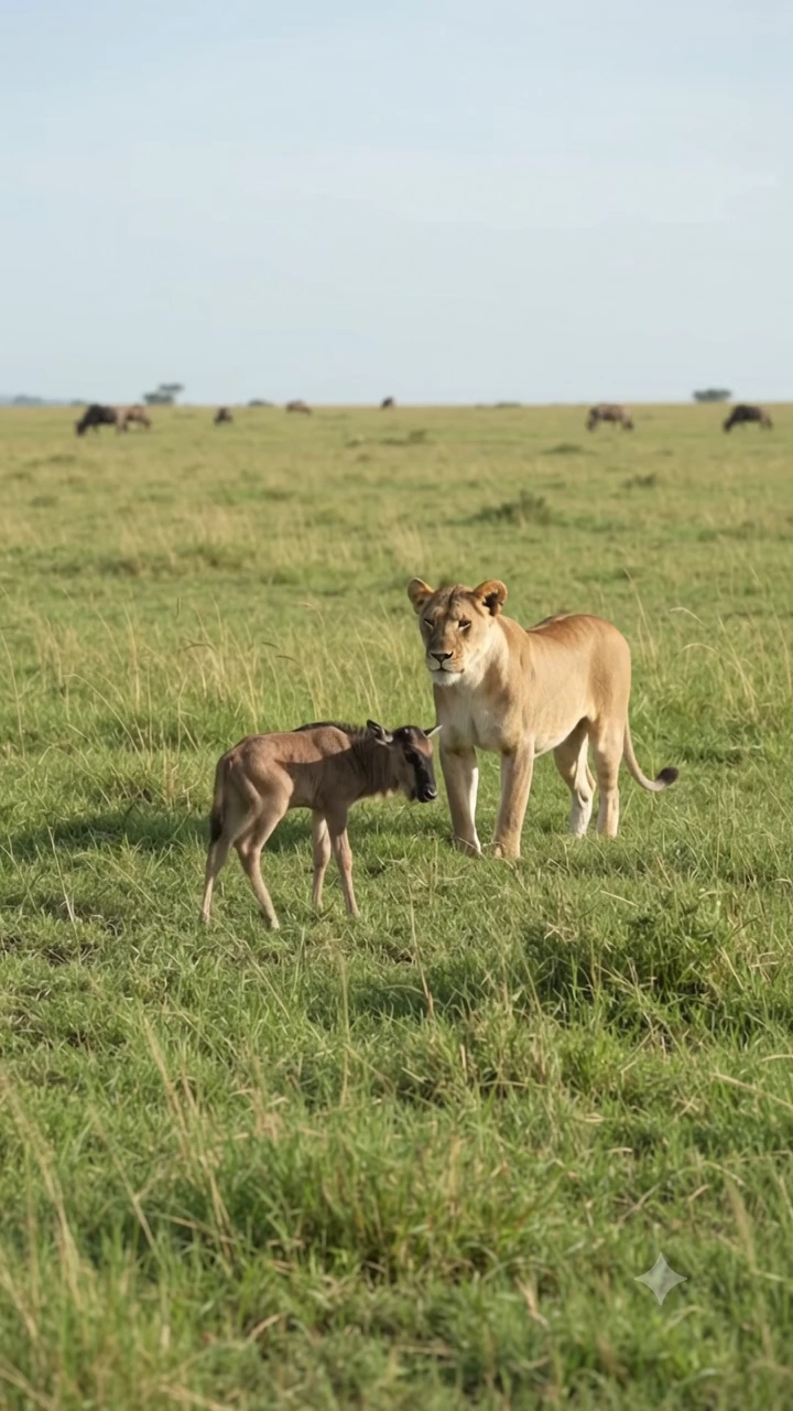 A Tiny Wildebeest Calf Faces a Powerful Lioness 🦁🐃 | Incredible Wildlife Encounter