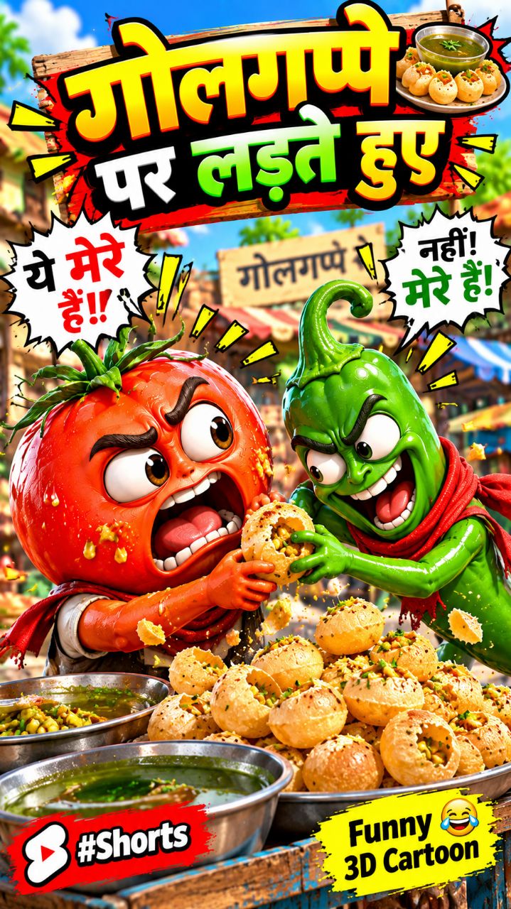 गोलगप्पे के लिए टमाटर 🍅 और हरी मिर्च 🌶️ में छिड़ी जंग 😂 | Funny 3D Cartoon #Shorts