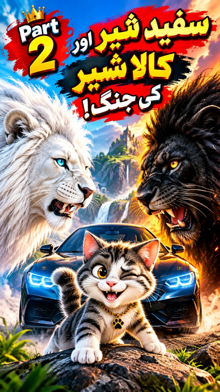 🦁🔥 سفید شیر اور کالا شیر کی جنگ! 😱 | شرارتی بلی کی واپسی 🚘 | Paprt 2 | Urdu 3D Cartoon Story