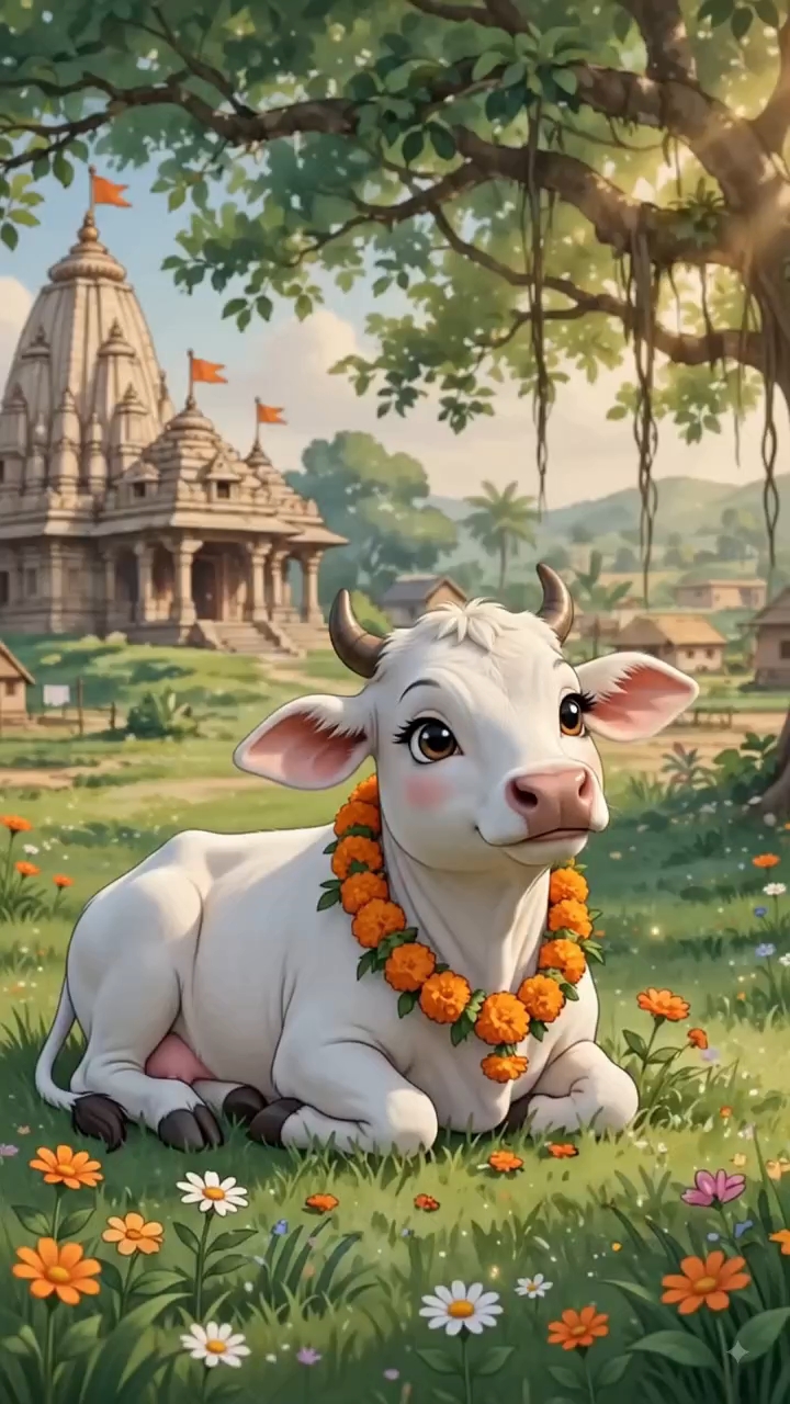 Divine Vibes: Temple & Gau Mata Peaceful Vibe 🌼🐄  #cow #gaumata #animation #trending #viral