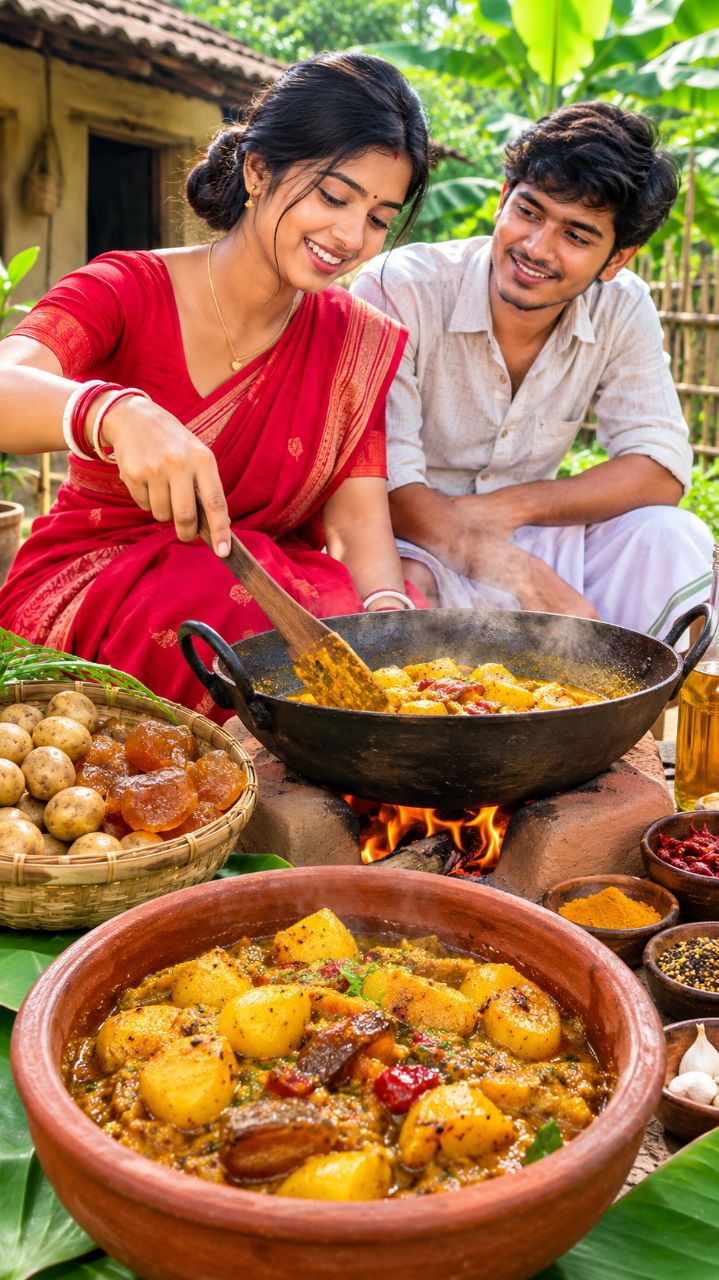 😍 গ্রামের বউয়ের গোপন রেসিপি! 🔥 আমসত্ত্ব দিয়ে আলুর তরকারি | Village Cooking ASMR ❤️🌿
