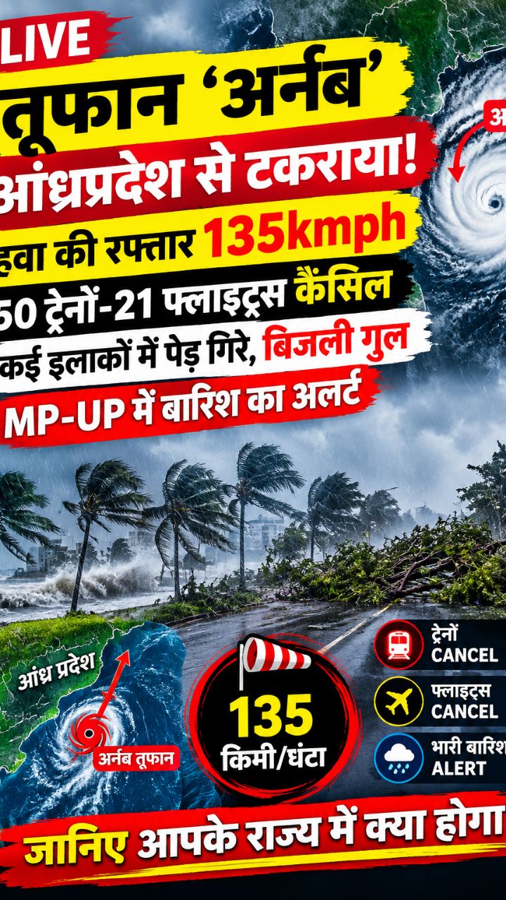 तूफान अर्नब का कहर! 🌪️ 135 KM/H की हवा, ट्रेनें-फ्लाइट्स रद्द? MP-UP में बारिश का अलर्ट