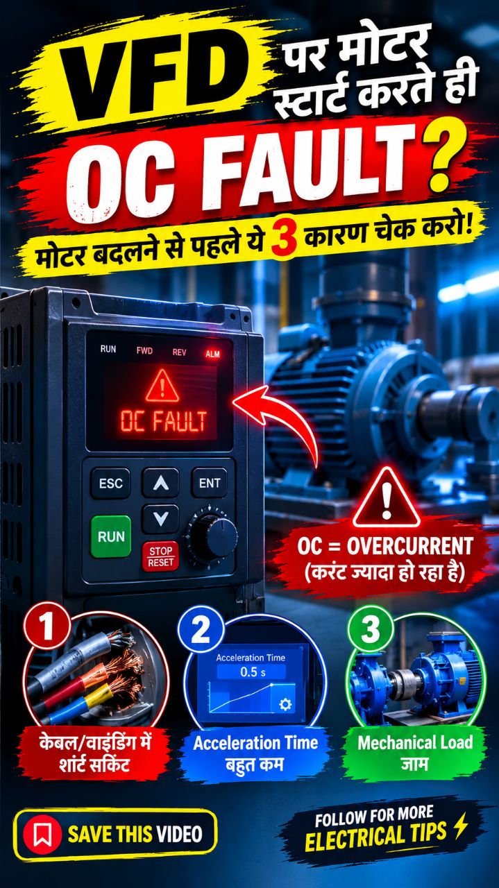 VFD पर OC FAULT क्यों आता है? 😱 मोटर बदलने से पहले ये 3 कारण चेक करो! ⚡ #Shorts