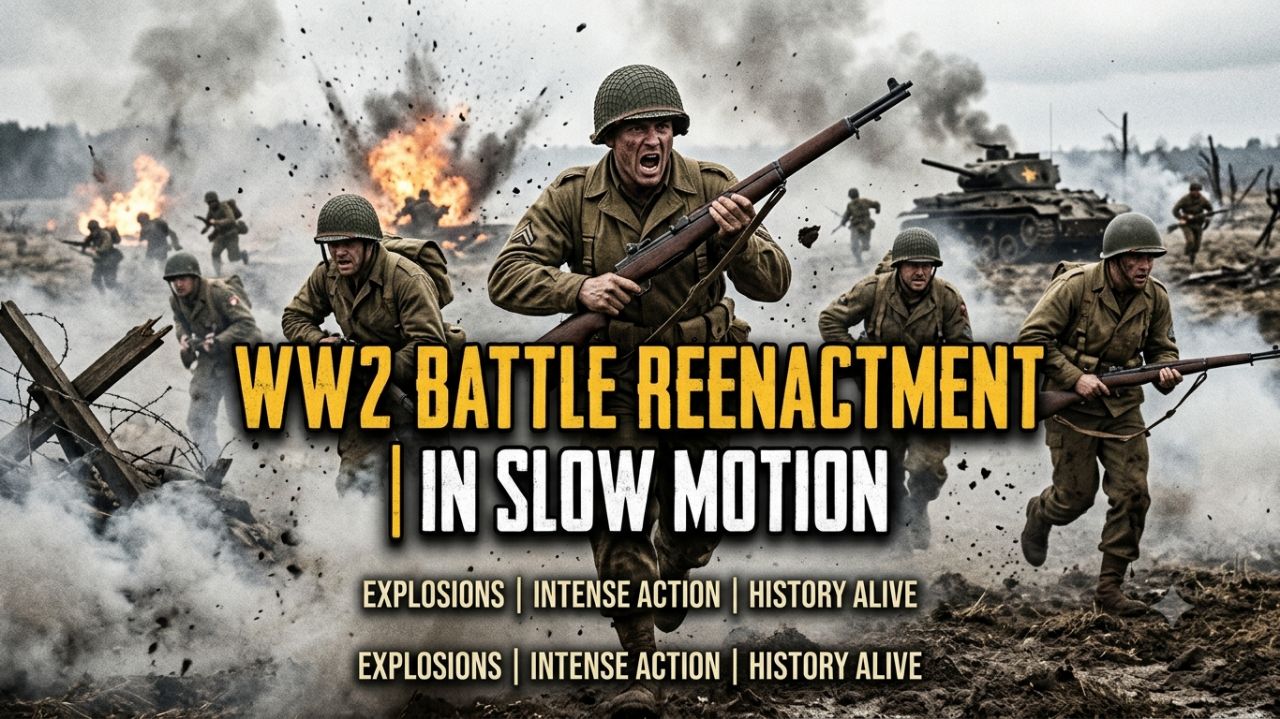 Slow motion footage of a WW2 battle reenactment (man down)