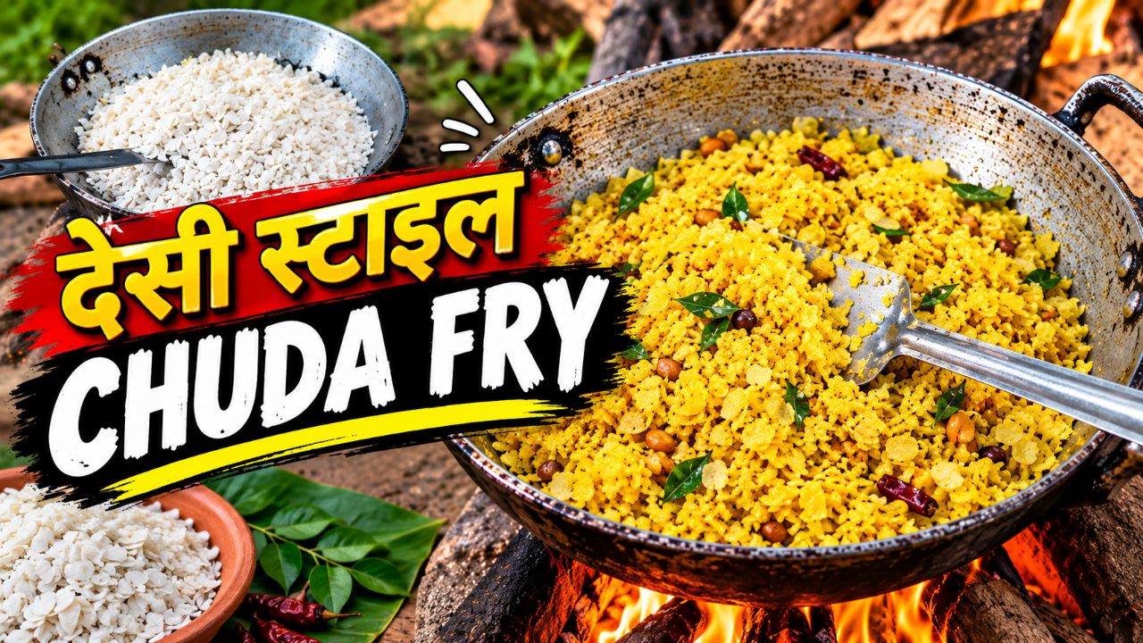 देसी स्टाइल चूड़ा फ्राई 🔥😋 | गाँव के चूल्हे पर बना स्वादिष्ट नाश्ता