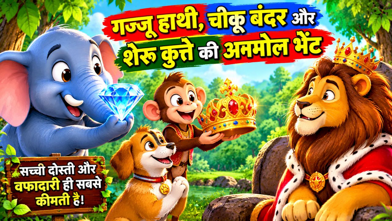 🐘 गज्जू हाथी, चीकू बंदर और शेरू कुत्ते की अनमोल भेंट! 👑💎 | सच्ची दोस्ती की अनोखी कहानी 😍