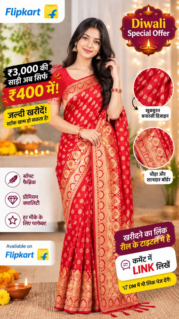 🔥 ₹3000 की साड़ी सिर्फ ₹400 में! 😍 दिवाली स्पेशल ऑफर ❤️

🛍️ Buy Now 👇
https://fktr.in/bFG57aK