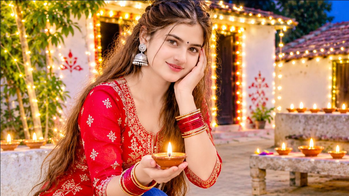 कहानी: रिया की खूबसूरत दिवाली 🌸
दिवाली की सुबह रिया अपने गाँव के आँगन में रंग-बिरंगे रंगों से सुंद