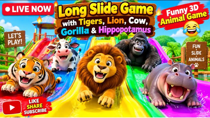 Long Slide Game with Tigers 🐅, Lion 🦁, Cow 🐄, Gorilla 🦍 & Hippopotamus 🦛 | Funny